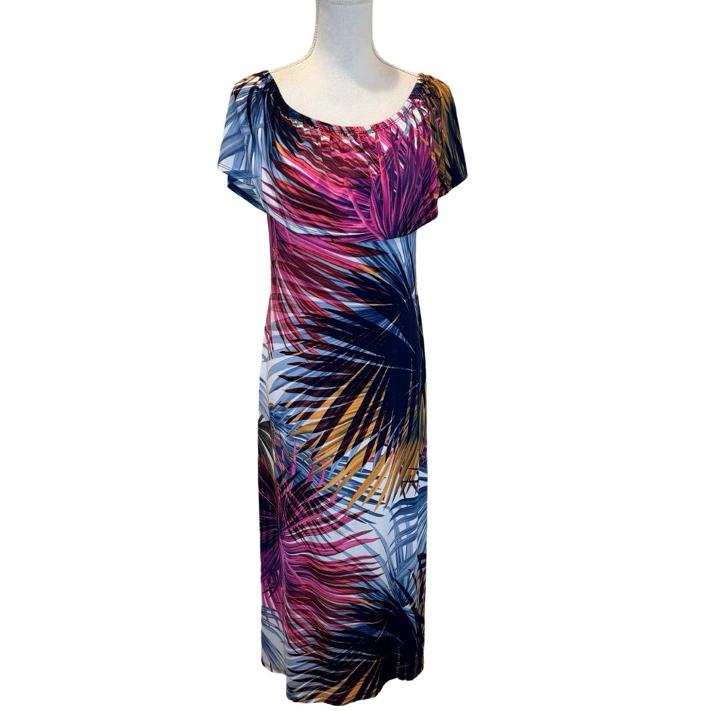 Dillion Tropical Print Off Shoulder Maxi Dress Capelet.  Medium. NWOT
